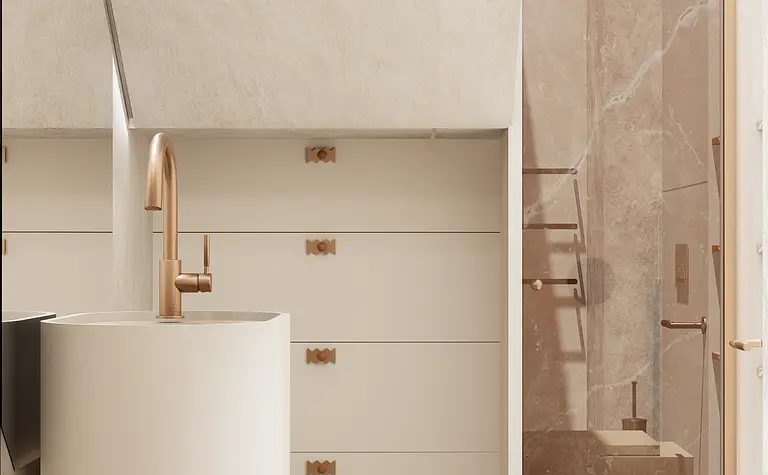 Elegancka łazienka w stylu japandi z minimalistycznymi meblami i delikatnymi akcentami.