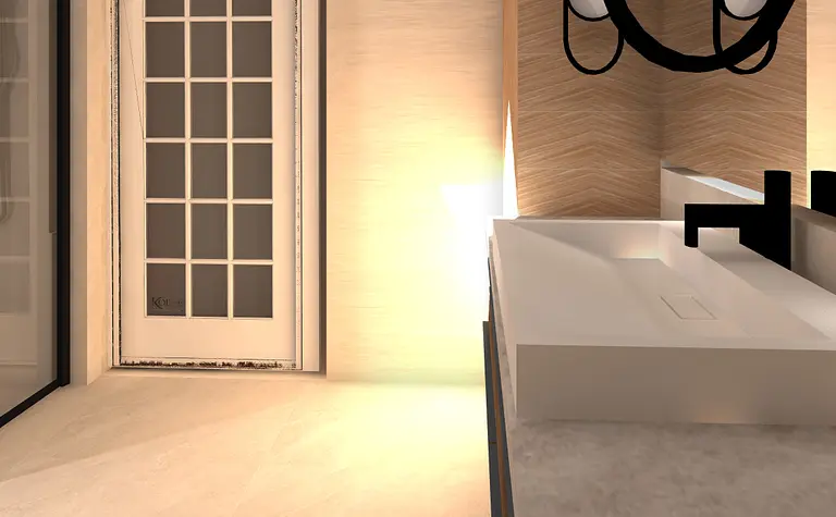 Nowoczesna łazienka z białą umywalką i drewnianymi detalami, minimalistyczny design.