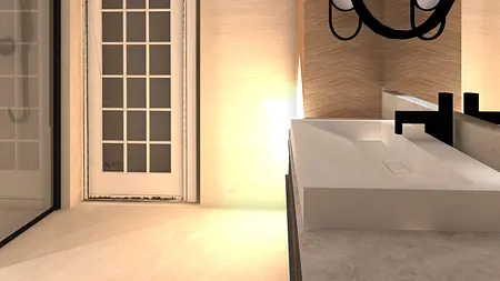Nowoczesna łazienka z białą umywalką i drewnianymi detalami, minimalistyczny design.