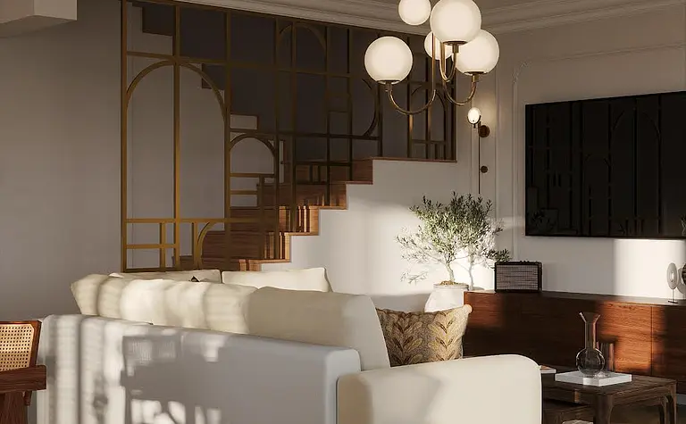 Wnętrze salonu w stylu art deco i eklektycznym z białą sofą.