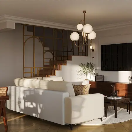 Wnętrze salonu w stylu art deco i eklektycznym z białą sofą.