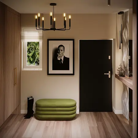 Przedpokój w stylu boho i eklektycznym z zieloną ławką i drewnianymi elementami.