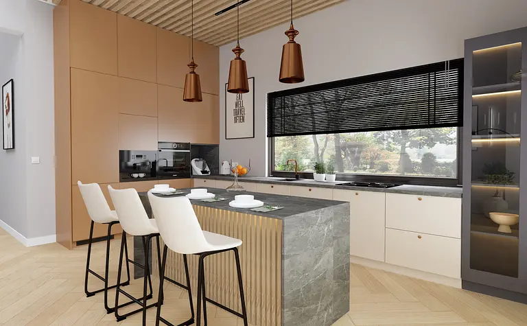Kuchnia z brązowymi lampami, szarym blatem i drewnianą podłogą, nowoczesny design.