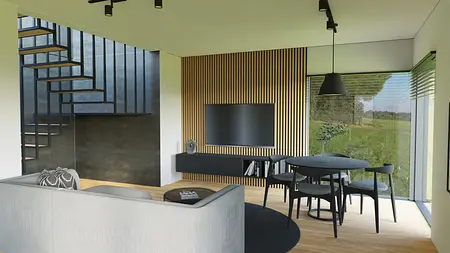 Wnętrze salonu z drewnianą ścianą i industrialnym wystrojem.