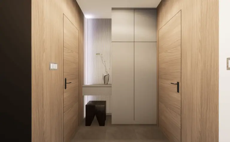 Przedpokój z elementami glamour, minimalistycznymi i nowoczesnymi. Drewniane akcenty.