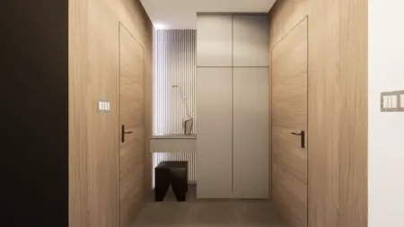 Przedpokój z elementami glamour, minimalistycznymi i nowoczesnymi. Drewniane akcenty.