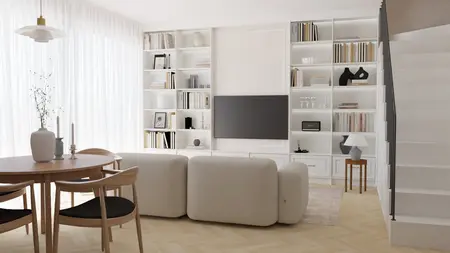 Wnętrze salonu z białą kanapą, drewnianym stołem i regałem art deco, minimalistycznym oraz tradycyjnym.