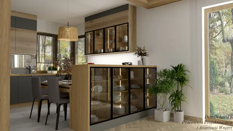 Wnętrze kuchni w stylu japandi i minimalistycznym z drewnianymi meblami i roślinami