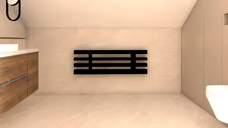 Minimalistyczna łazienka z drewnianymi meblami i jasnymi płytkami.