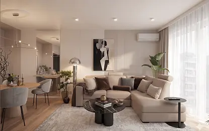 Wnętrze salonu z jasnym narożnikiem, ciemnym stolikiem i roślinami, styl minimaluxe.