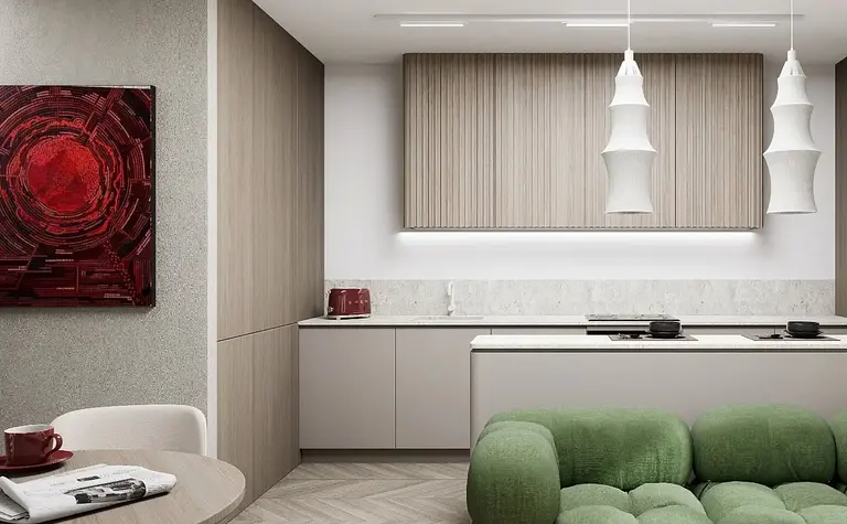 Wnętrze kuchni w stylu eklektycznym z zieloną sofą i drewnianymi meblami.