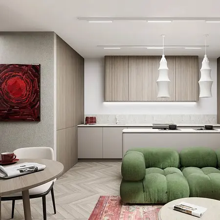 Wnętrze kuchni w stylu eklektycznym z zieloną sofą i drewnianymi meblami.