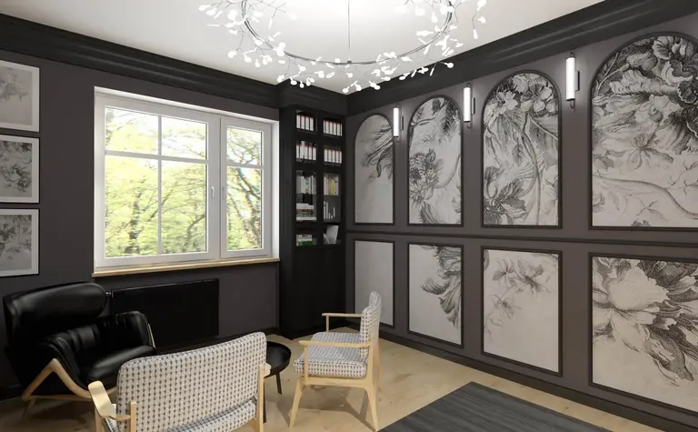 Gabinet w stylu art deco z minimalistycznymi meblami i eklektycznymi akcentami.