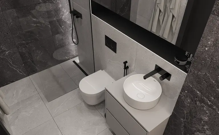 Nowoczesna łazienka z minimalistycznym designem, biała umywalka i szare płytki.