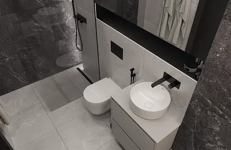 Nowoczesna łazienka z minimalistycznym designem, biała umywalka i szare płytki.