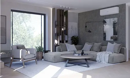 Wnętrze salonu z minimalistycznym wystrojem, szarym narożnikiem i nowoczesnymi akcentami.