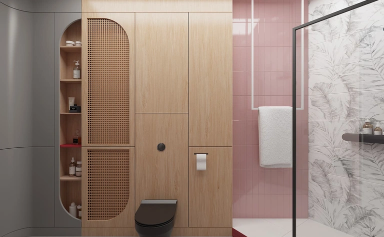 Wnętrze łazienki z drewnianymi szafkami i różowymi płytkami, styl dopamine decor