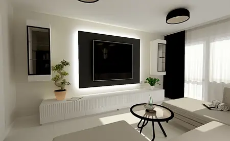 Wnętrze salonu z białymi meblami, telewizorem i roślinami, w stylu współczesnym.