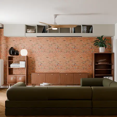 Stylowe wnętrze w stylu vintage z ceglaną ścianą i drewnianymi meblami.