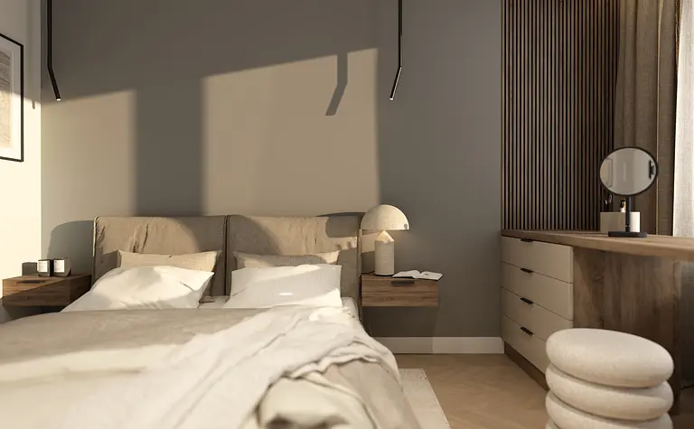Wnętrze sypialni z beżowym łóżkiem, drewnianymi meblami i minimalistycznymi detalami.