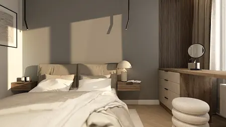 Wnętrze sypialni z beżowym łóżkiem, drewnianymi meblami i minimalistycznymi detalami.