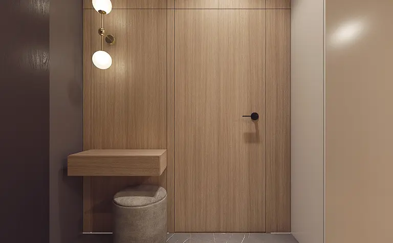 Nowoczesny przedpokój o minimalistycznym designie z drewnianymi detalami