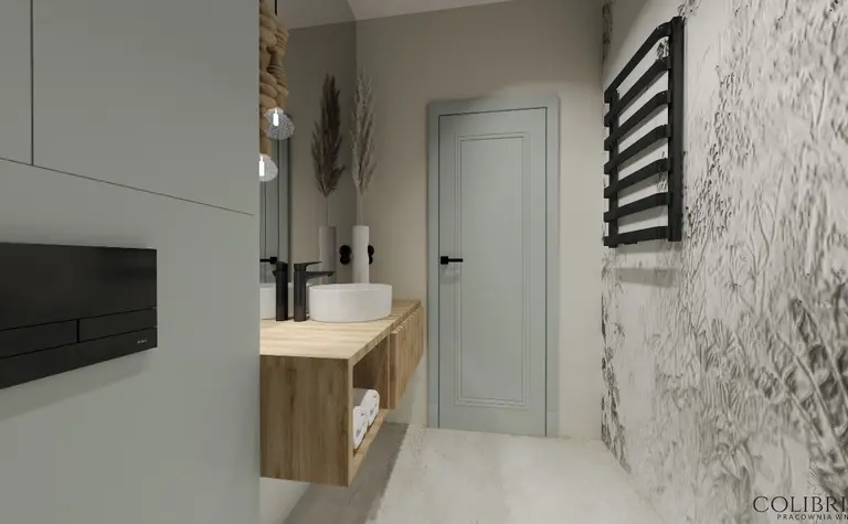Nowoczesna łazienka z drewnianą umywalką, szarymi ścianami i czarnymi detalami.