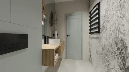 Nowoczesna łazienka z drewnianą umywalką, szarymi ścianami i czarnymi detalami.