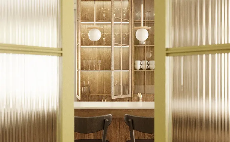 Wnętrze kuchni z drewnianymi meblami i vintage akcentami, w stylu dopamine decor.