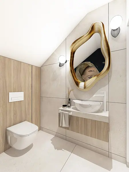Nowoczesna łazienka z drewnianymi elementami i lustrem w stylu art deco.