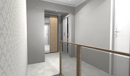 Korytarz w stylu industrialnym z drewnianymi elementami i minimalistycznymi ścianami.