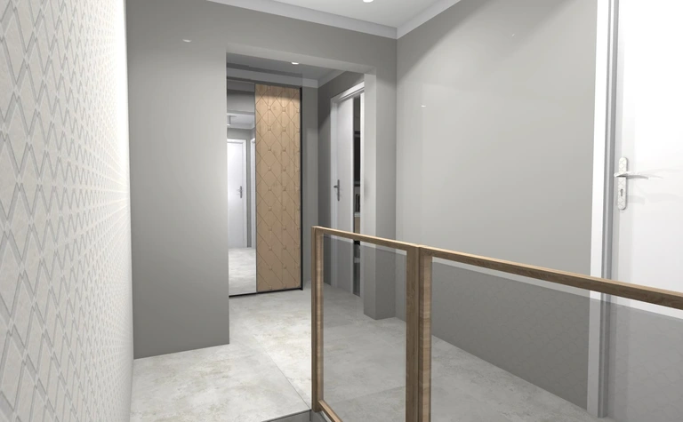 Korytarz w stylu industrialnym z drewnianymi elementami i minimalistycznymi ścianami.