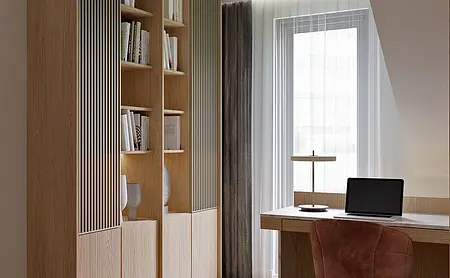 Wnętrze kuchni w stylu japandi, minimalistycznym, z drewnianymi meblami i szarymi detalami.