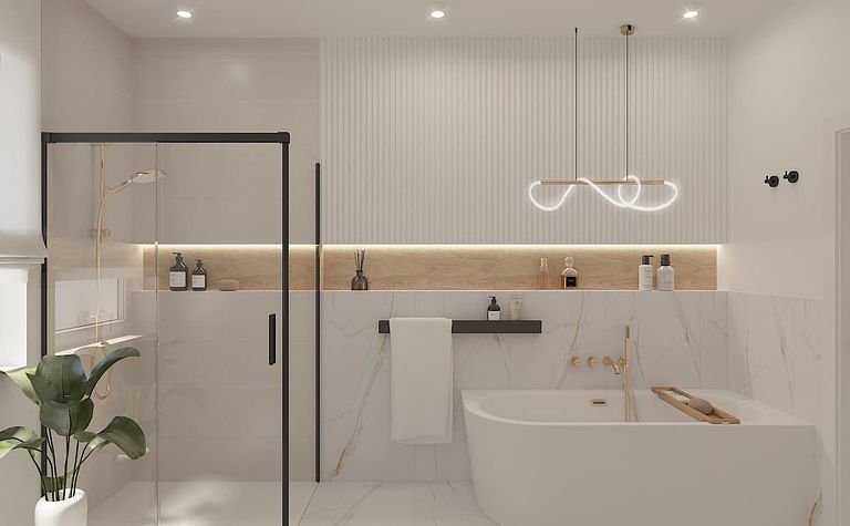 Nowoczesna łazienka z wanną, prysznicem, minimaluxe i quiet luxury