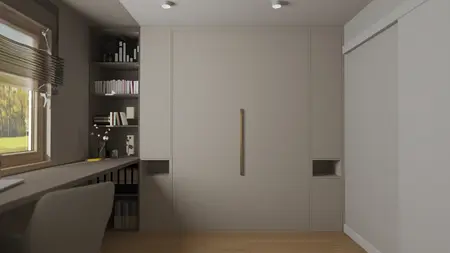 Wnętrze minimalistycznego pokoju z biurkiem i regałem