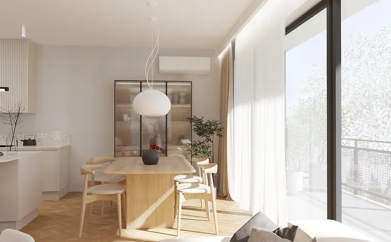 Wnętrze jadalni w stylu japandi, nowoczesnym i soft minimalizm z drewnianym stołem.