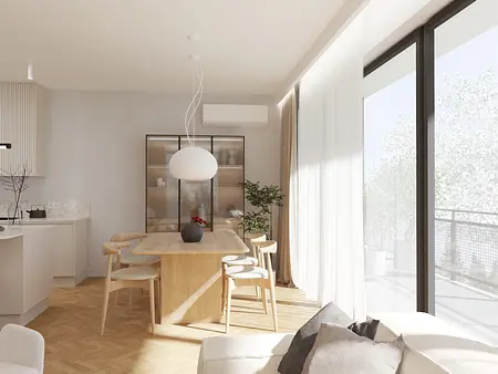 Wnętrze jadalni w stylu japandi, nowoczesnym i soft minimalizm z drewnianym stołem.