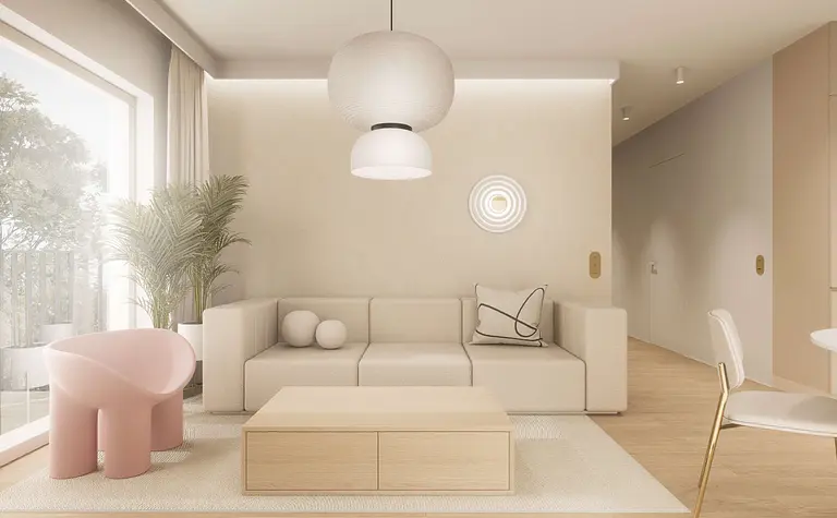 Wnętrze salonu w stylu japandi, minimalistycznym i nowoczesnym z roślinami.