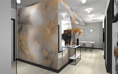 Wnętrze z art deco, glamour i japandi, złote akcenty, nowoczesne oświetlenie.