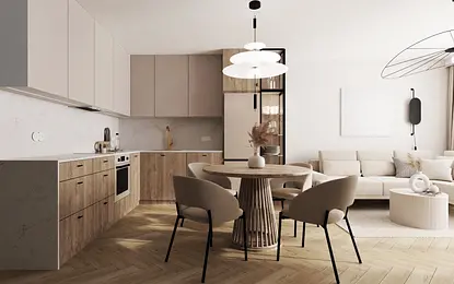 Wnętrze kuchni w stylu glamour, japandi i minimalistycznym z drewnem i jasnymi akcentami.
