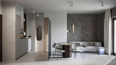 Wnętrze kuchni w stylu eklektycznym z glamour i minimaluxe, z drewnianym stołem.