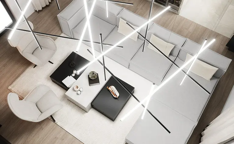 Wnętrze salonu w stylu minimalistycznym z jasnymi meblami i nowoczesnym oświetleniem.