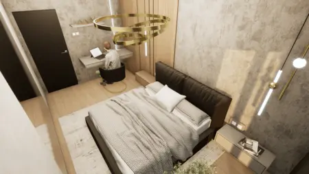 Sypialnia z minimalistycznym wystrojem, glamour elementami, nowoczesnym biurkiem i oświetleniem.