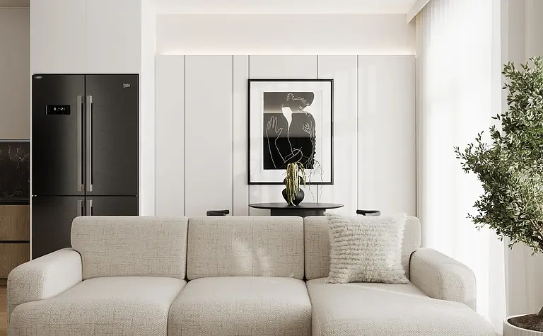 Nowoczesny salon z jasną sofą, białymi meblami i roślinami. Styl industrialny, japandi, minimalistyczny.