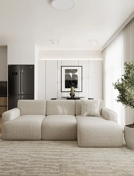 Nowoczesny salon z jasną sofą, białymi meblami i roślinami. Styl industrialny, japandi, minimalistyczny.