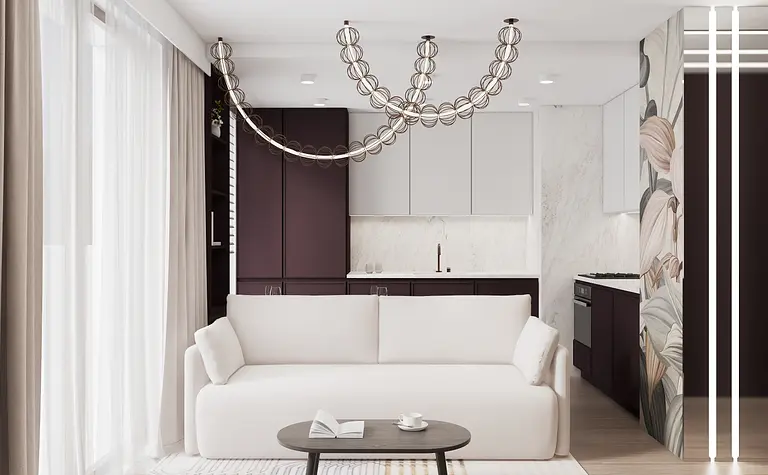 Wnętrze salonu z białą sofą, ciemnymi meblami, styl glamour, nowoczesny, quiet luxury, współczesny.