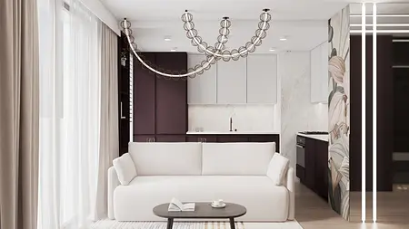 Wnętrze salonu z białą sofą, ciemnymi meblami, styl glamour, nowoczesny, quiet luxury, współczesny.