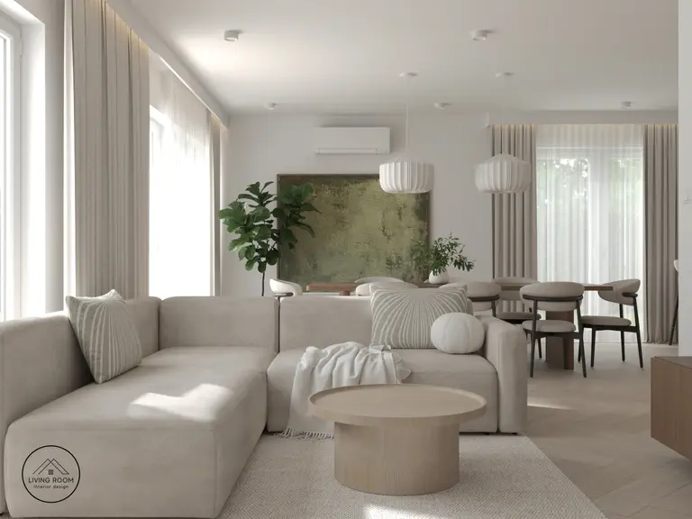 Wnętrze salonu w stylu japandi i minimalistycznym z jasnymi meblami.