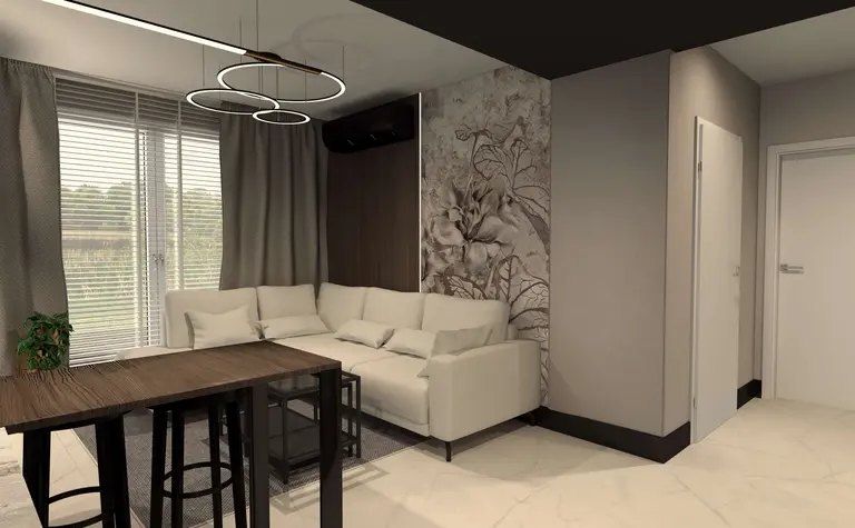 Salon z jasną sofą, drewnianym stołem i rośliną w doniczce, nowoczesny design