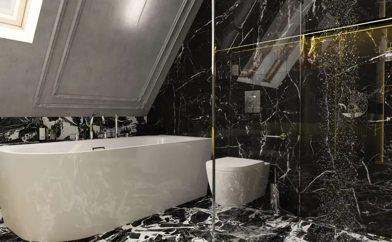 Nowoczesna łazienka z czarnym marmurem, wanną i prysznicem w stylu dopamine decor i eklektycznym.